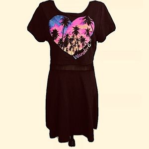 Bongo Heart Netted Black Dress Palm Tree Print Racerback Laser Cut Sz M / L NWT
